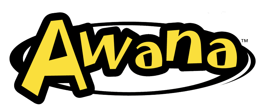 Logo of Awana featuring bold yellow text inside a black oval outline on a gray background, designed to be engaging for children, with a trademark symbol.
