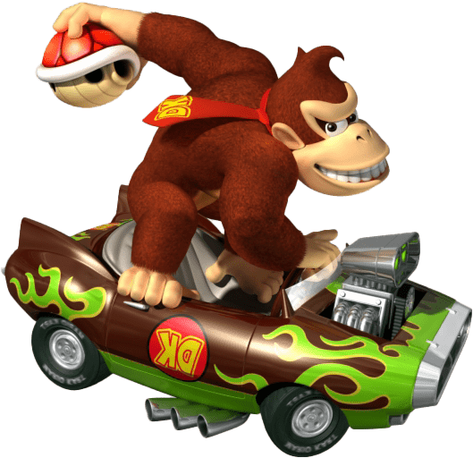 Donkey Kong drives a customized green and brown car with flame decals, holding a red shell above his head, racing from the Mario Kart video game series.