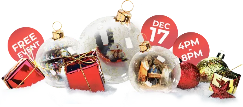 Festive ornaments and wrapped gifts on snow announce a fun, free event with snow sledding on December 17 from 4 PM to 8 PM.