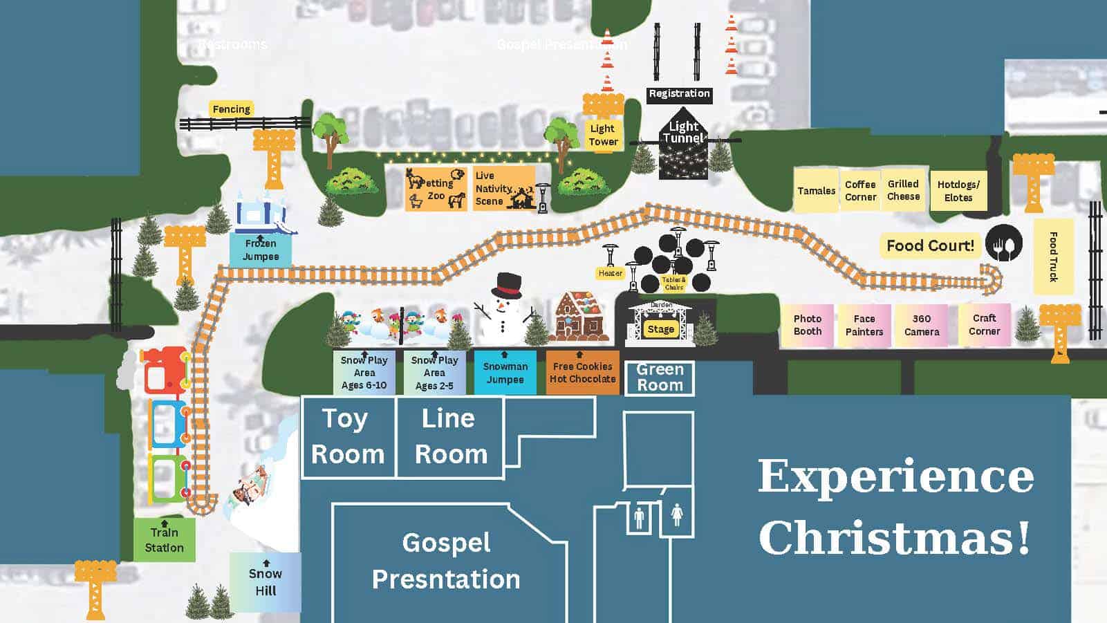 A detailed map of a Christmas event layout featuring various attractions such as a Toy Room, Snow Sled area, Live Nativity Scene, Stations, Snow Play Areas, Food Court, and a stage for presentations. This fun-filled event ensures entertainment for all ages.